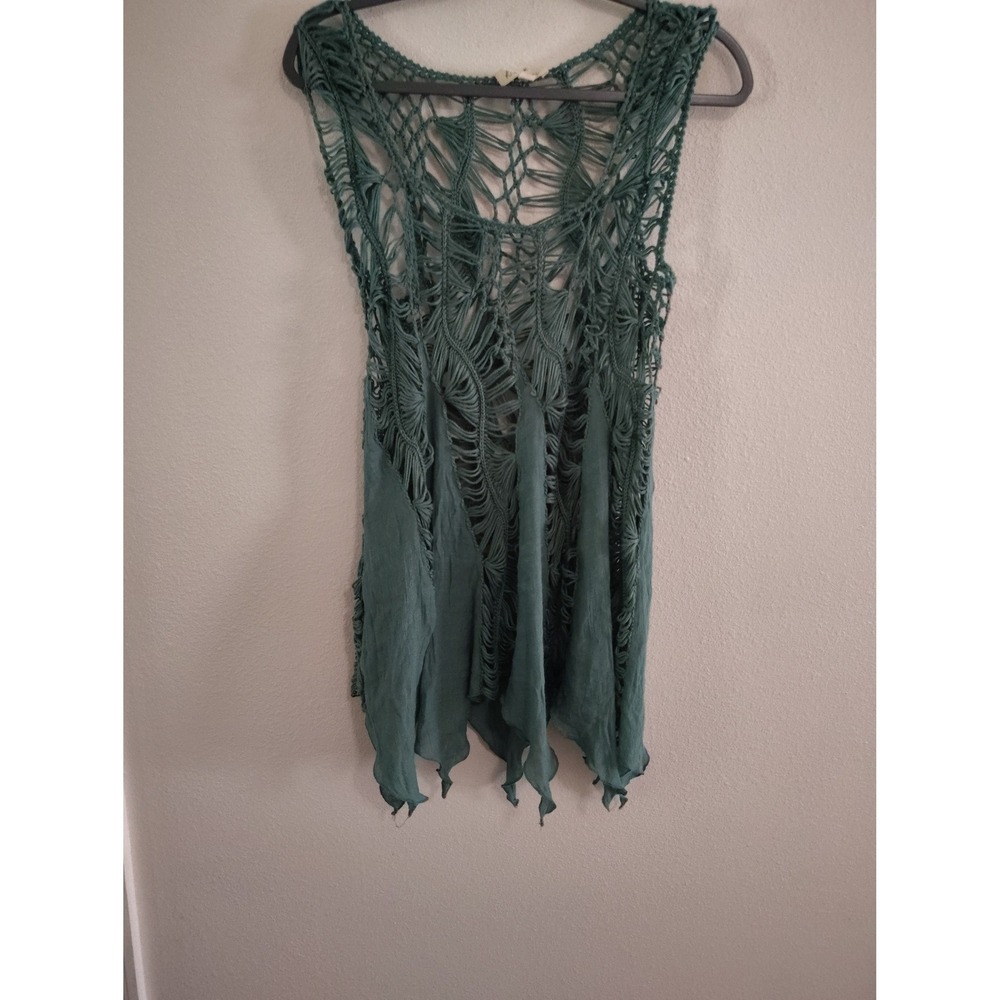 Rebellion Green Crochet Open Knit Shredded Boho Sleeveless Top XL